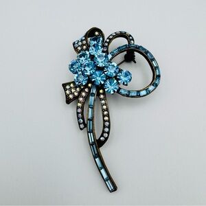 Large Vtg Floral Rhinestone Flowers Brooch Blue Excellent Condition